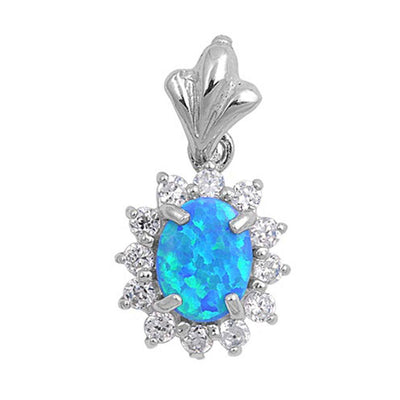 Sterling Silver Oval Shape Blue Lab Opal Pendant  CZ StonesAnd Pendant Height 18mm