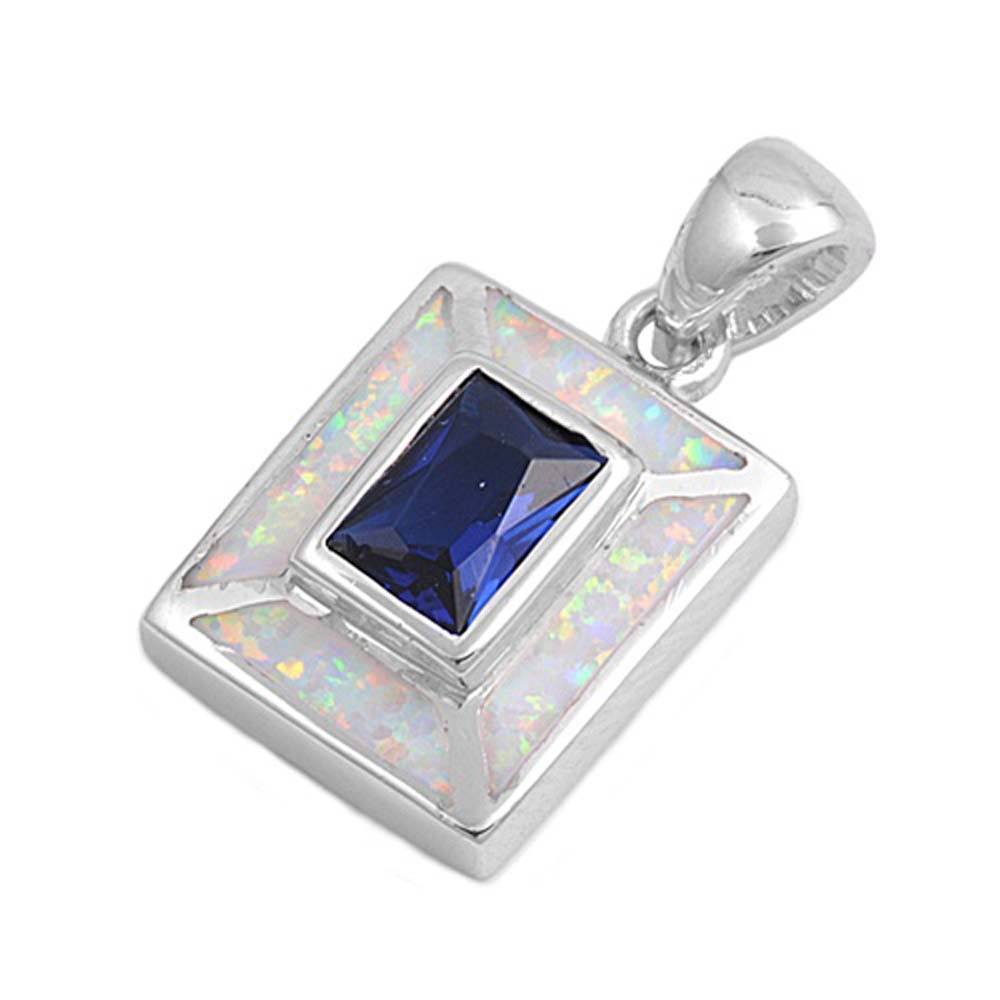 Sterling Silver Blue Sapphire Rectangle Shape White Lab Opal PendantAnd Pendant Height 15mm