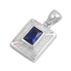 Sterling Silver Blue Sapphire Rectangle Shape White Lab Opal PendantAnd Pendant Height 15mm