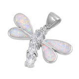 Sterling Silver Pink Lab Opal Dragonfly Shaped Pendant With Clear CZ