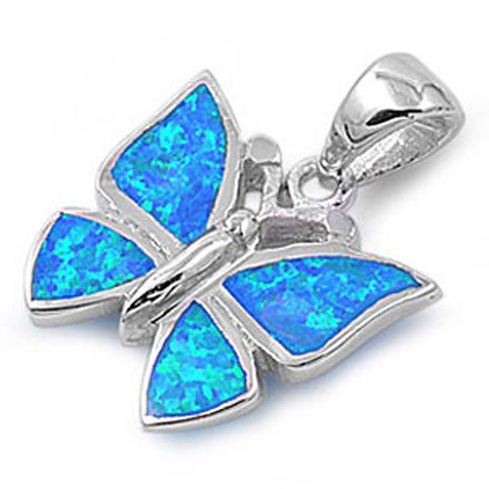 Sterling Silver Modern Blue Lab Opal Butterfly Pendant with Pendant Height of 16MM