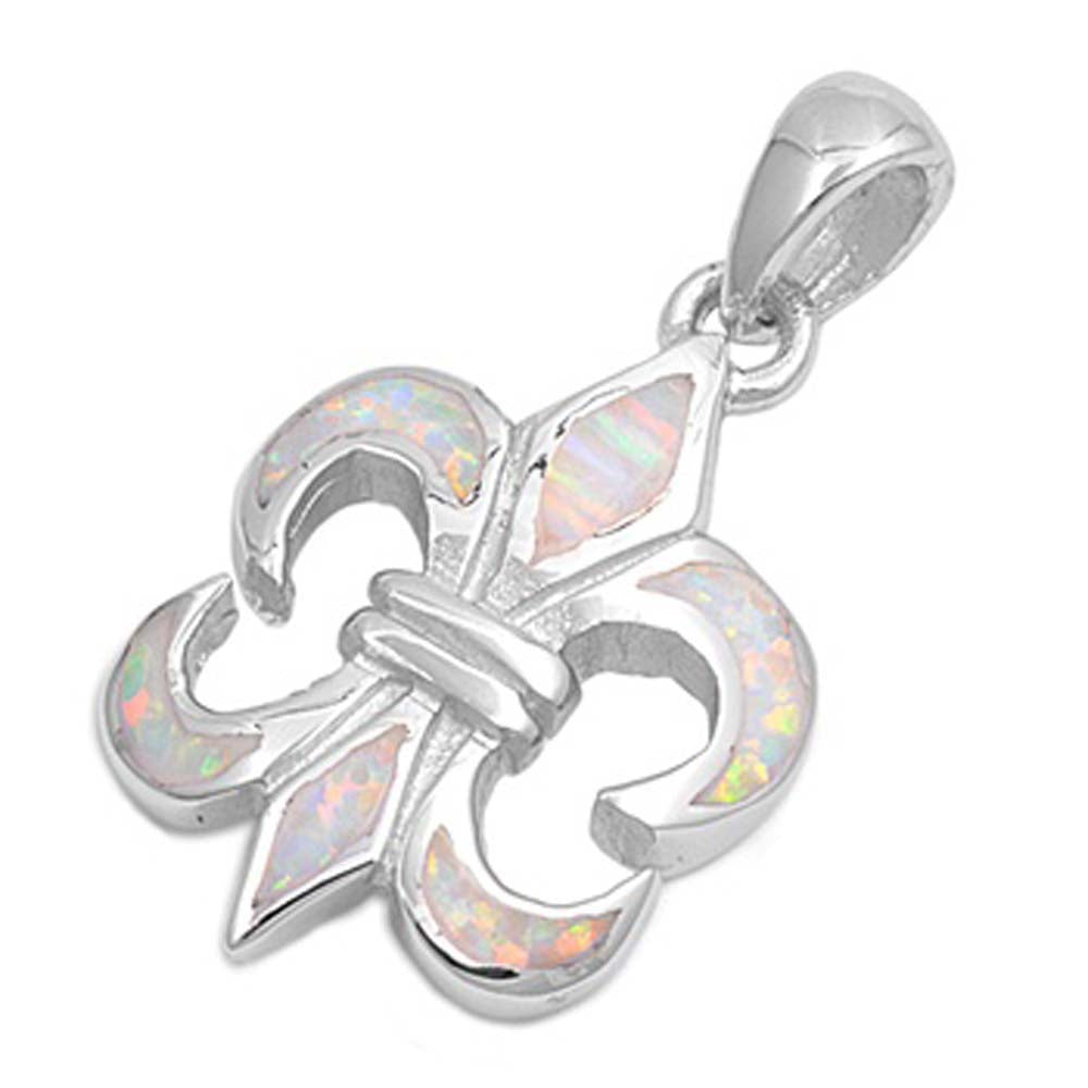 Sterling Silver White Lab Opal Fleur De Lise Shaped Pendant