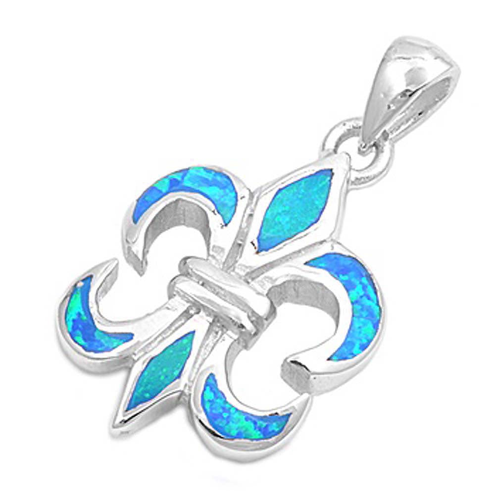 Sterling Silver Fleur De Lise Shape Blue Lab Opal PendantAnd Pendant Height 23mm
