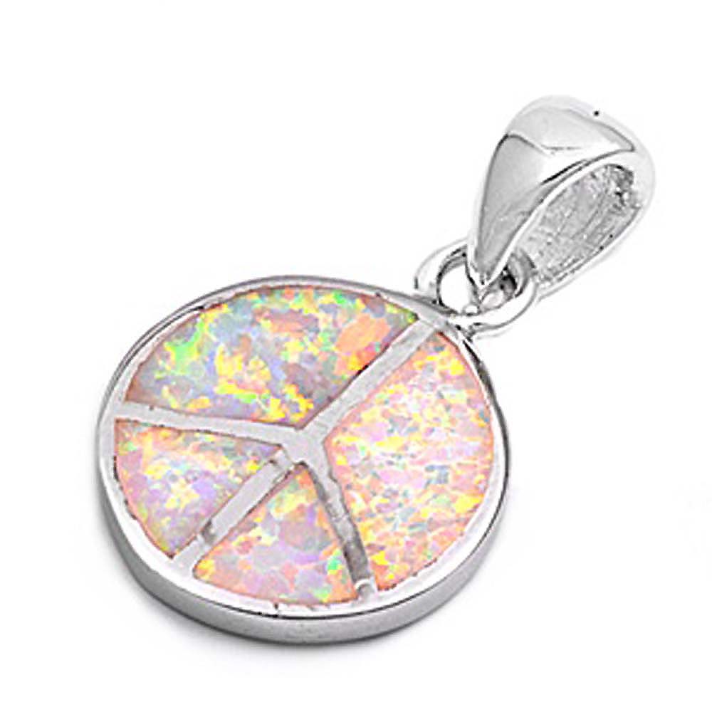 Sterling Silver Modish Pink Lab Opal Peace Sign Pendant with Pendant Height of 18MM