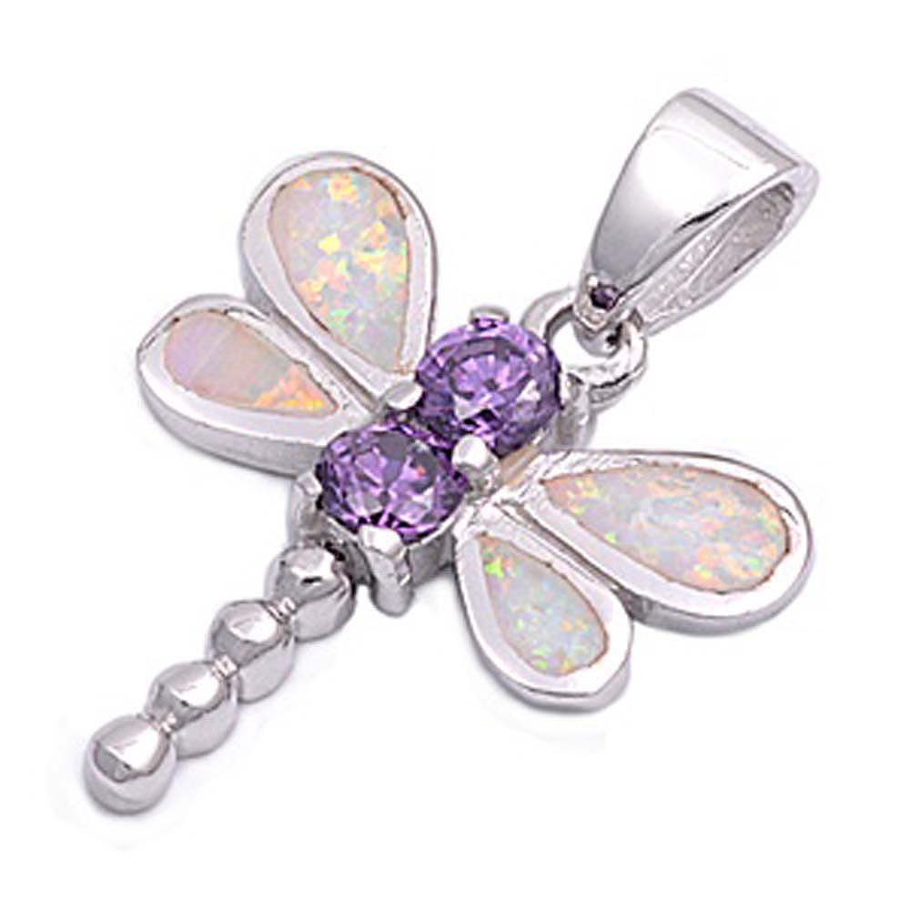 Sterling Silver Fancy Dragonfly with Pink Lab Opal and Two Amethyst CZ Stone Pendant with Pendant Height of 20MM