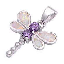 Load image into Gallery viewer, Sterling Silver Fancy Dragonfly with Pink Lab Opal and Two Amethyst CZ Stone Pendant with Pendant Height of 20MM