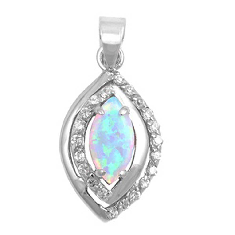 Sterling Silver Oval Shape Blue Lab Opal Pendant  CZ StonesAnd Pendant Height 17mm