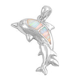 Sterling Silver Fancy Dolphin with Baby Dolphin and Pink Lab Opal PendantAnd Pendant Height of 18MM