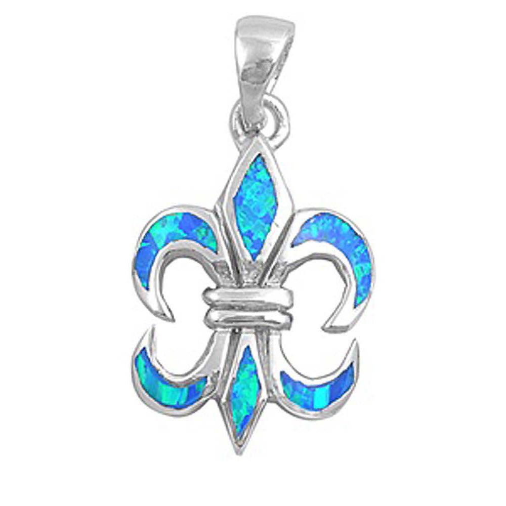Sterling Silver Stylish Blue Lab Opal Fleur De Lise Pendant with Pendant Height of 26MM