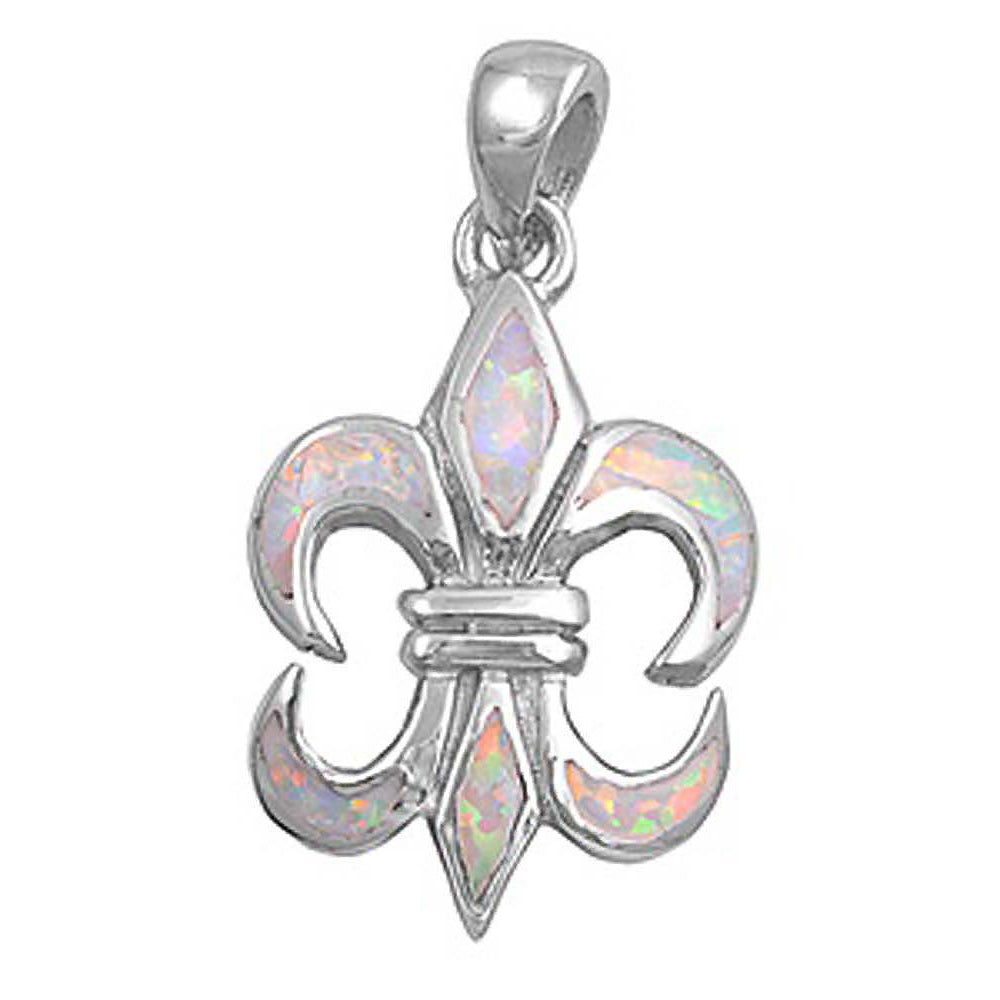 Sterling Silver Stylish Pink Lab Opal Fleur De Lise Pendant with Pendant Height of 26MM