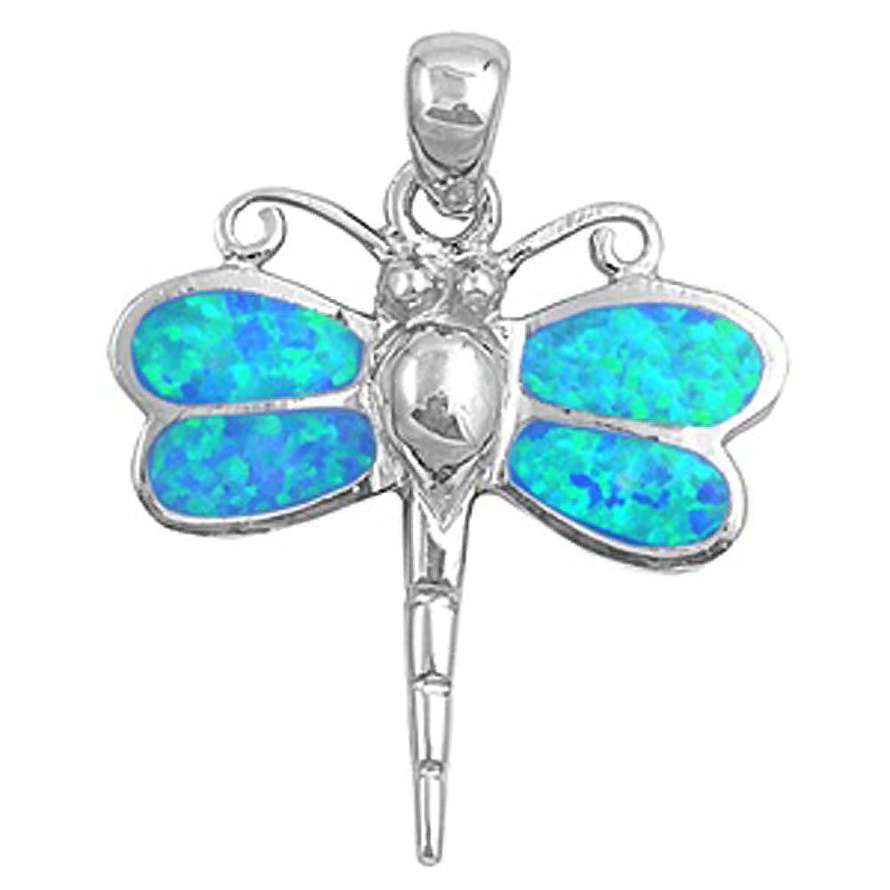 Sterling Silver Dragonfly Shape Blue Lab Opal PendantAnd Pendant Height 28mm