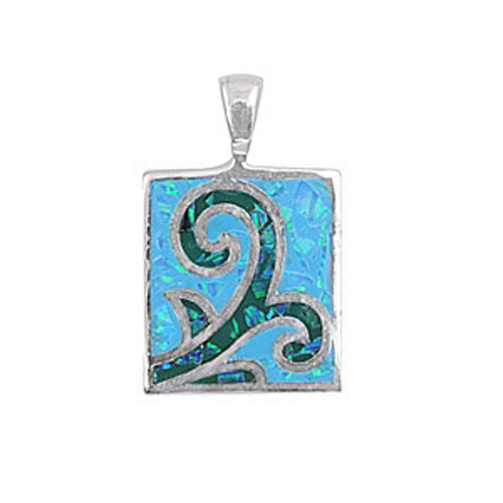 Sterling Silver Fancy Pendant with Pattern Blue Lab Opal PendantAnd Pendant Height of 27MM