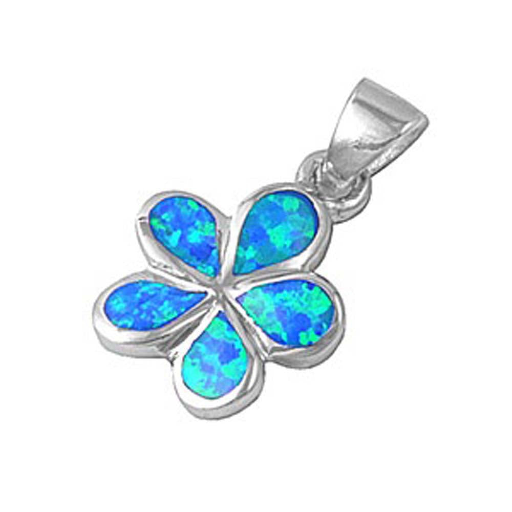 Sterling Silver Stylish Blue Lab Opal Plumeria Pendant with Pendant Height of 14MM