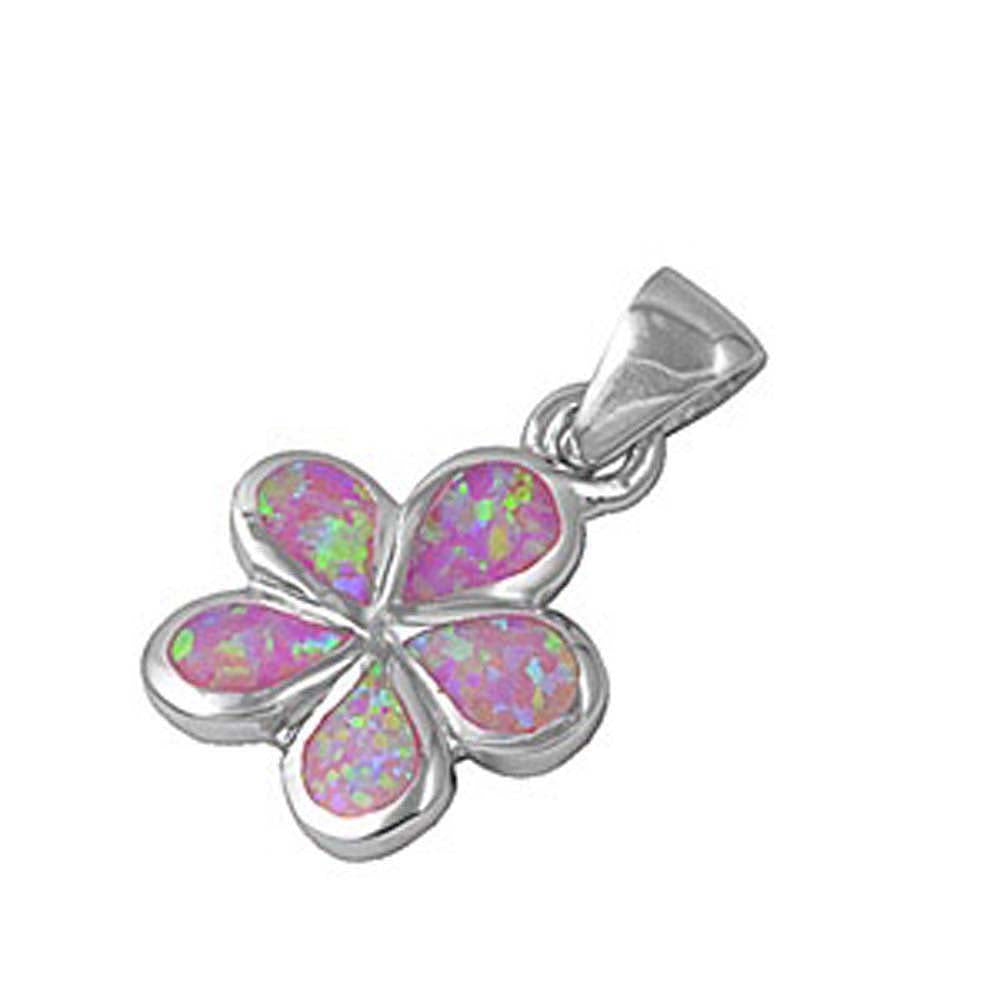 Sterling Silver Stylish Pink Lab Opal Plumeria Pendant with Pendant Height of 14MM