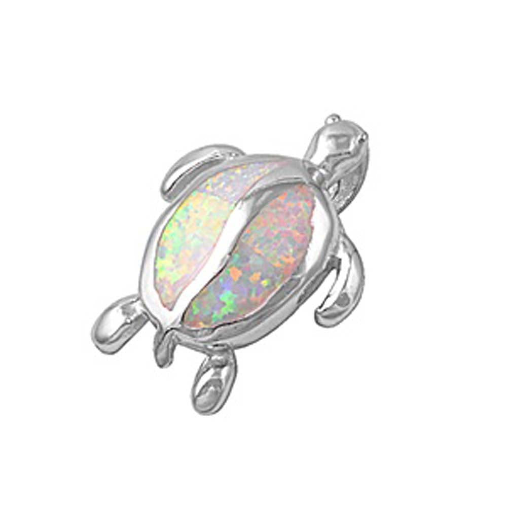 Sterling Silver Stylish Modish Turtle with Pink Lab Opal PendantAnd Pendant Height of 14MM