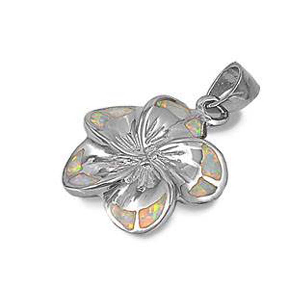 Sterling Silver Plumeria Shape White Lab Opal PendantAnd Pendant Height 20mm