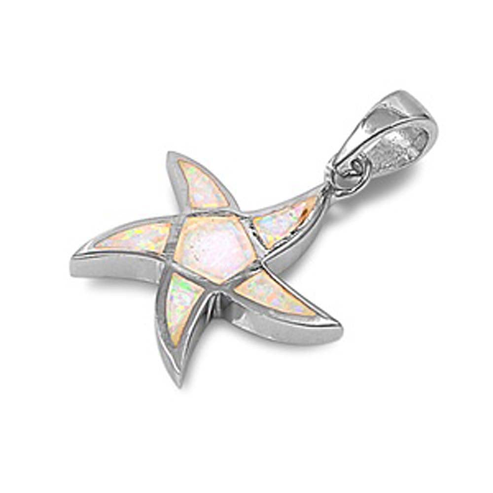 Sterling Silver Trendy Modish White Lab Opal Starfish Pendant with Pendant Height of 19MM