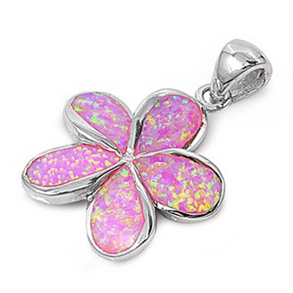 Sterling Silver Stylish Pink Lab Opal Plumeria Pendant with Pendant Height of 25MM