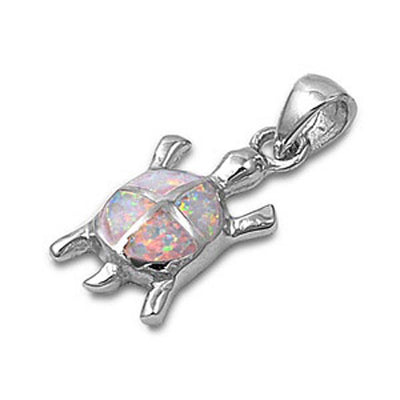 Sterling Silver Stylish Modern Turtle with White Lab Opal PendantAnd Pendant Height of 17MM