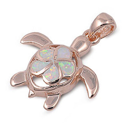 Sterling Silver Fancy Open Cut Turtle with White Lab Opal Plumeria Rose Gold Plated PendantAnd Pendant Height of 23MM