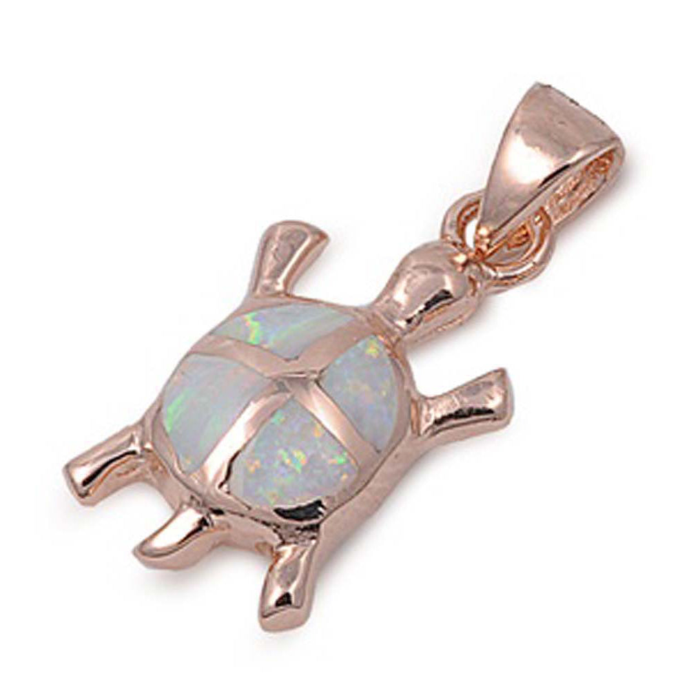 Sterling Silver Stylish Modern Turtle with White Lab Opal Rose Gold Plated PendantAnd Pendant Height of 19MM