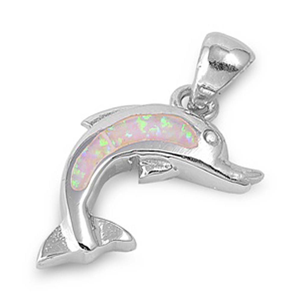 Sterling Silver Plain Dolphin with White Lab Opal PendantAnd Pendant Height of 19MM