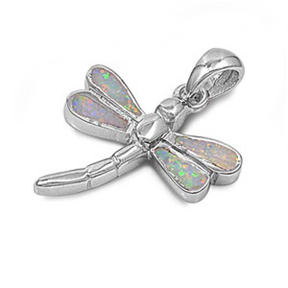 Sterling Silver Modish Dragonfly with White Lab Opal PendantAnd Pendant Height of 19MM