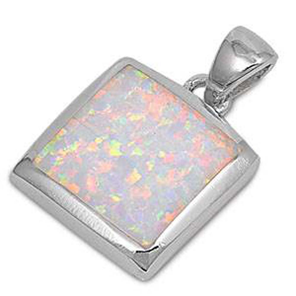 Sterling Silver Square Shape White Lab Opal PendantAnd Pendant Height 17mm