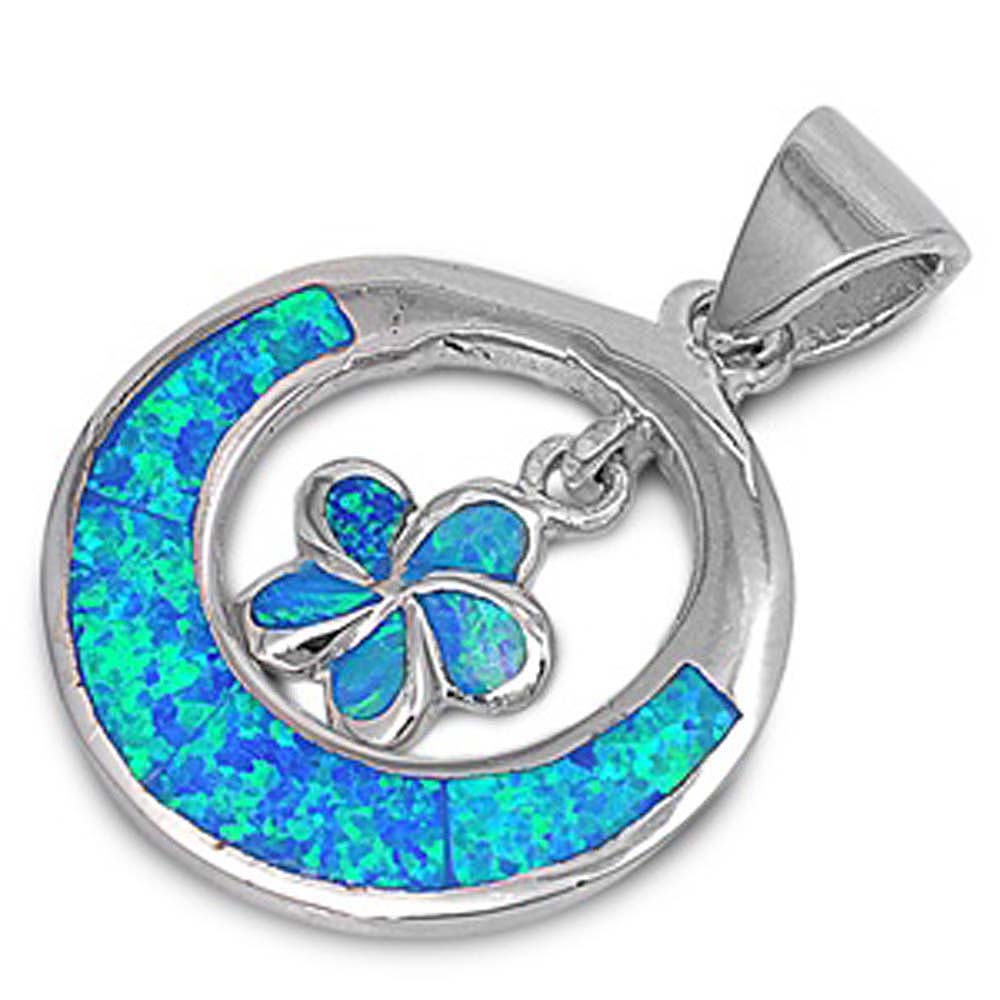 Sterling Silver Plumeria Shape Blue Lab Opal PendantAnd Pendant Height 21mm