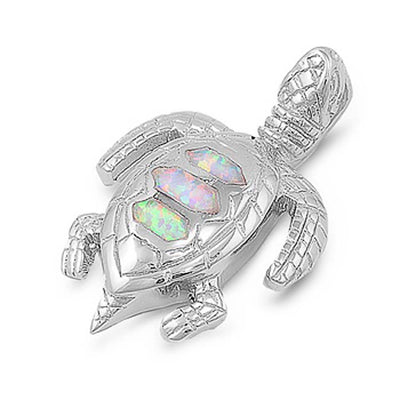 Sterling Silver Stylish Turtle with White Lab Opal PendantAnd Pendant Height of 30MM
