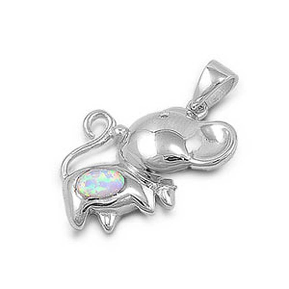 Sterling Silver Stylish Baby Elephant with White Lab Opal PendantAnd Pendant Height of 20MM