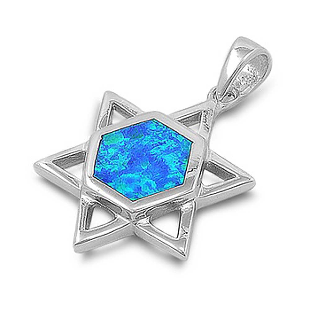 Sterling Silver Star Of David Shape Blue Lab Opal PendantAnd Pendant Height 20mm