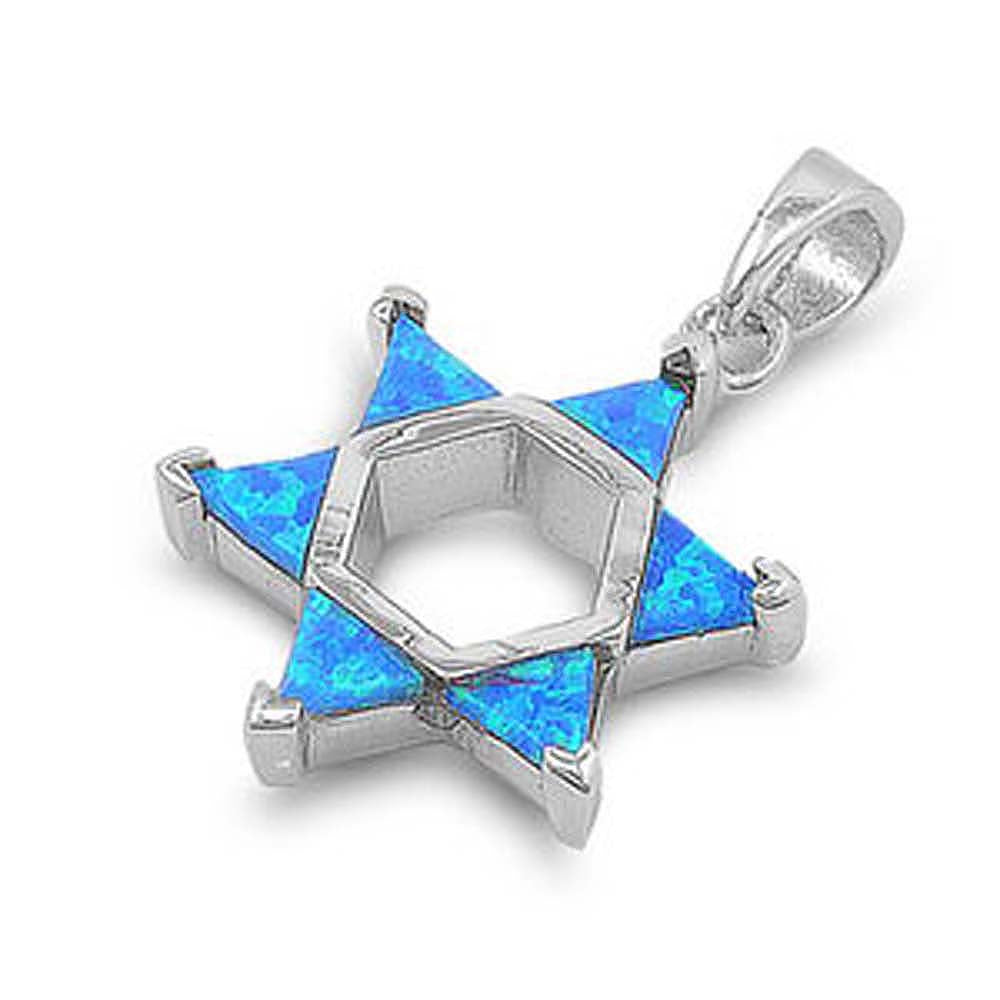 Sterling Silver Modish Blue Lab Opal Open Cut Star of David Pendant with Pendant Height of 23MM