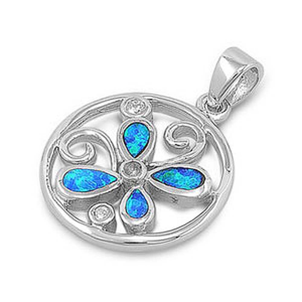 Sterling Silver Fancy Open Cut Round with Blue Lab Opal Flower and Round Clear CZ Stone PendantAnd Pendant Height of 18MM