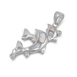 Sterling Silver Double Dolphin with White Lab Opal and Round Clear CZ Stone PendantAnd Pendant Height of 28MM