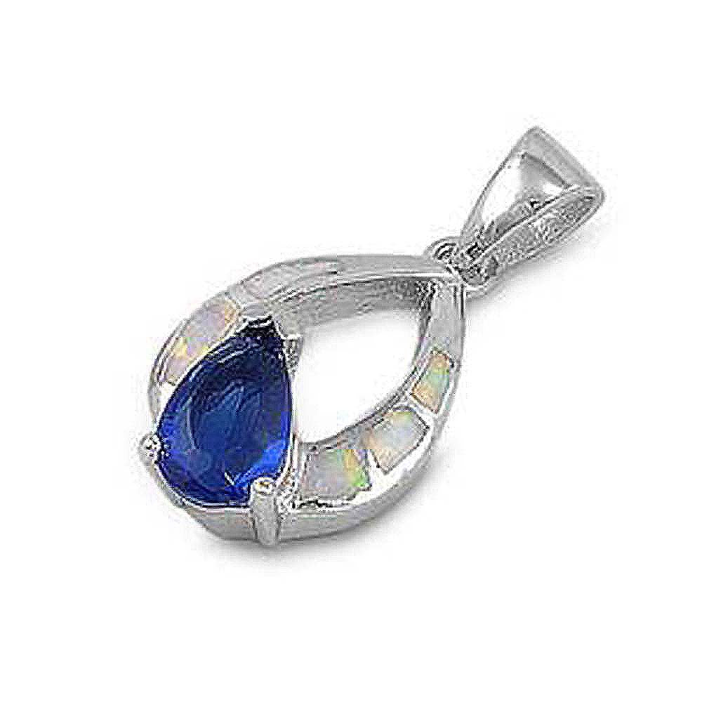 Sterling Silver Pear Shape White Lab Opal Pendant  Pear Blue Sapphire CZAnd Pendant Height 18mm