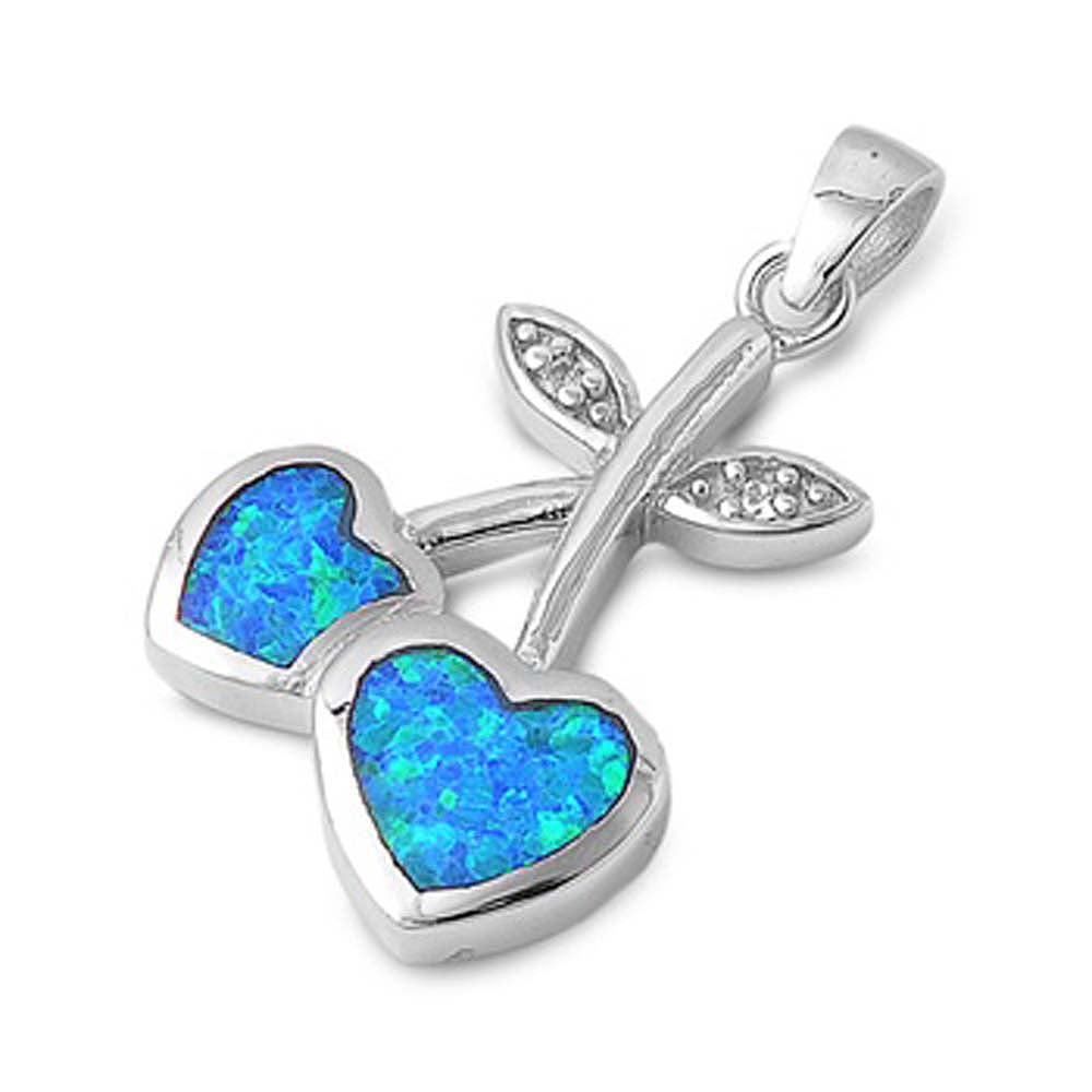 Sterling Silver Fancy Double Heart Cherry Style Blue Lab Opal and Leaves with Round Clear CZ Stone PendantAnd Pendant Height of 26MM