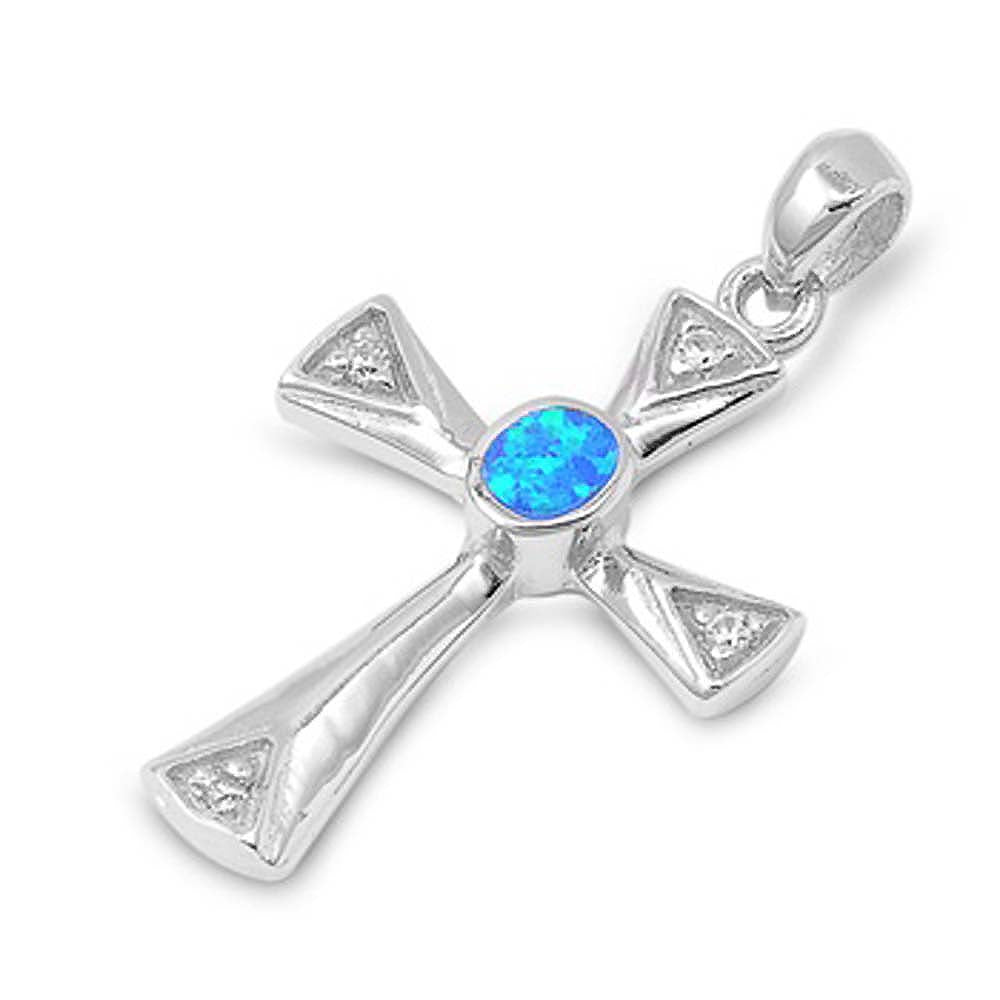 Sterling Silver Cross Shape Blue Lab Opal Pendant  CZ StonesAnd Pendant Height 31mm