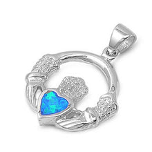 Load image into Gallery viewer, Sterling Silver Modish Claddagh with Blue Lab Opal PendantAnd Pendant Height of 19MM