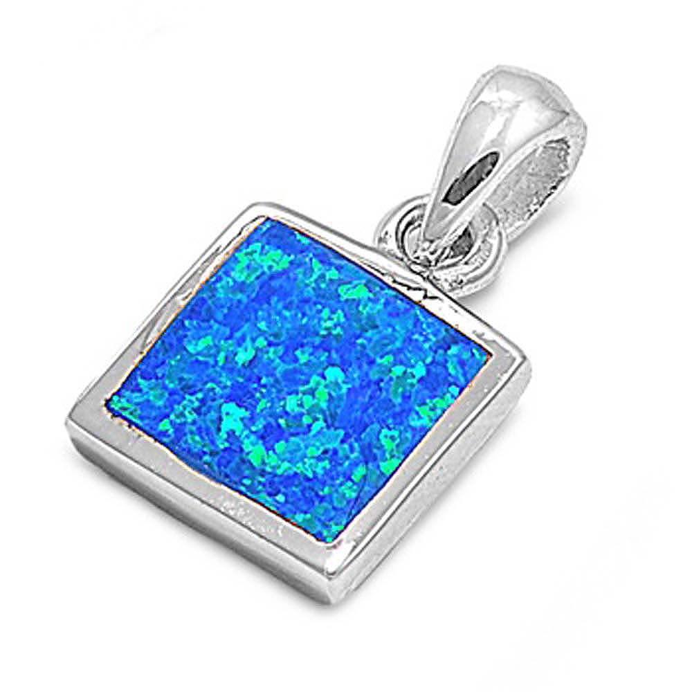 Sterling Silver Square Shape Blue Lab Opal PendantAnd Pendant Height 15mm