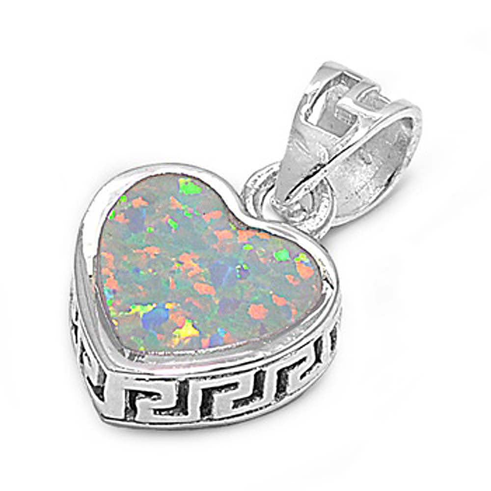 Sterling Silver Plain White Lab Opal Heart with Greek Key Edge PendantAnd Pendant Height of 11MM