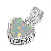 Load image into Gallery viewer, Sterling Silver Plain White Lab Opal Heart with Greek Key Edge PendantAnd Pendant Height of 11MM