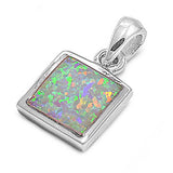 Sterling Silver Square Shape White Lab Opal PendantAnd Pendant Height 11mm