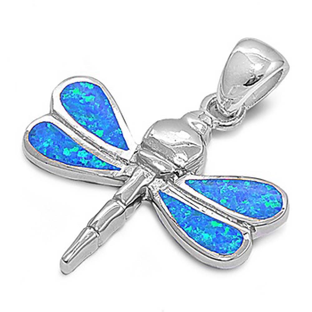 Sterling Silver Dragonfly Shape Blue Lab Opal PendantAnd Pendant Height 21mm