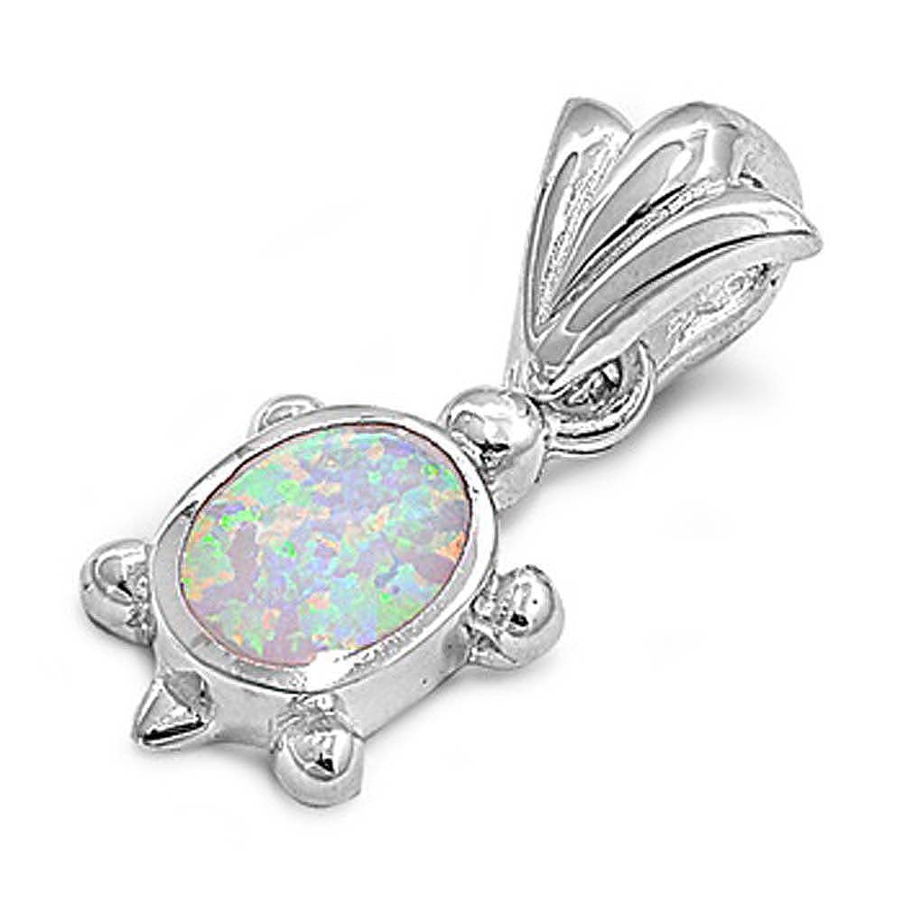 Sterling Silver Stylish Flat Turtle White Lab Opal with Fancy BailAnd Pendant Height of 12MM