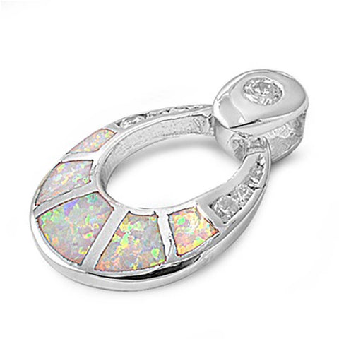 Sterling Silver Elegant Style White Lab Opal with Round Clear CZ Stone PendantAnd Pendant Height of 18MM