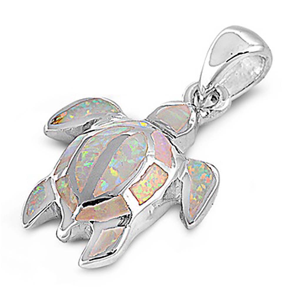 Sterling Silver Fancy White Lab Opal Turtle Pendant with Pendant Height of 19MM