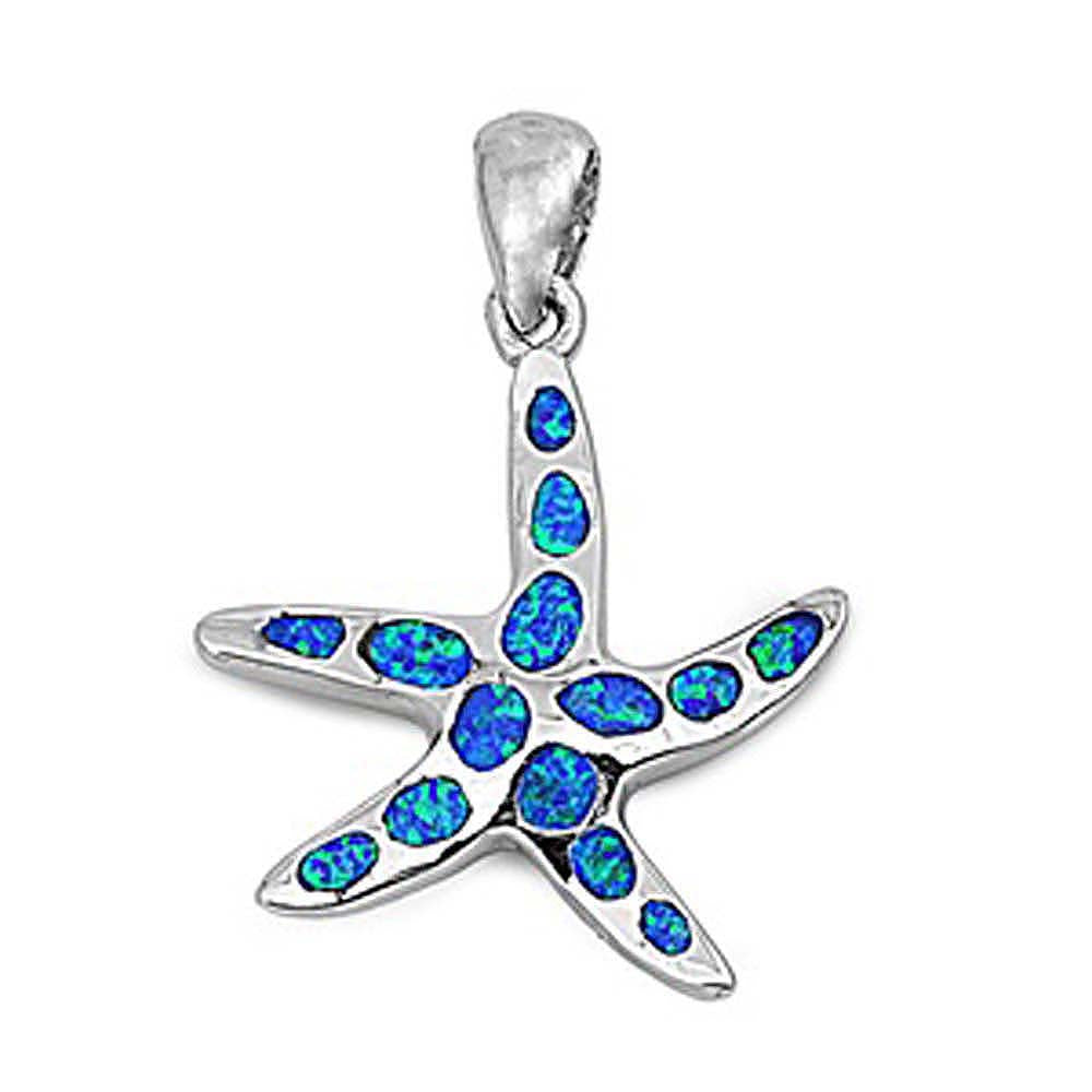 Sterling Silver Fancy Blue Lab Opal Starfish Pendant with Pendant Height of 20MM
