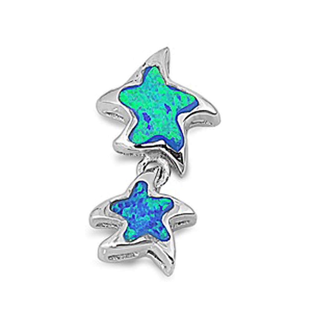 Sterling Silver Fancy Blue Lab Opal Floating Double Star Pendant with Pendant Height of 20MM