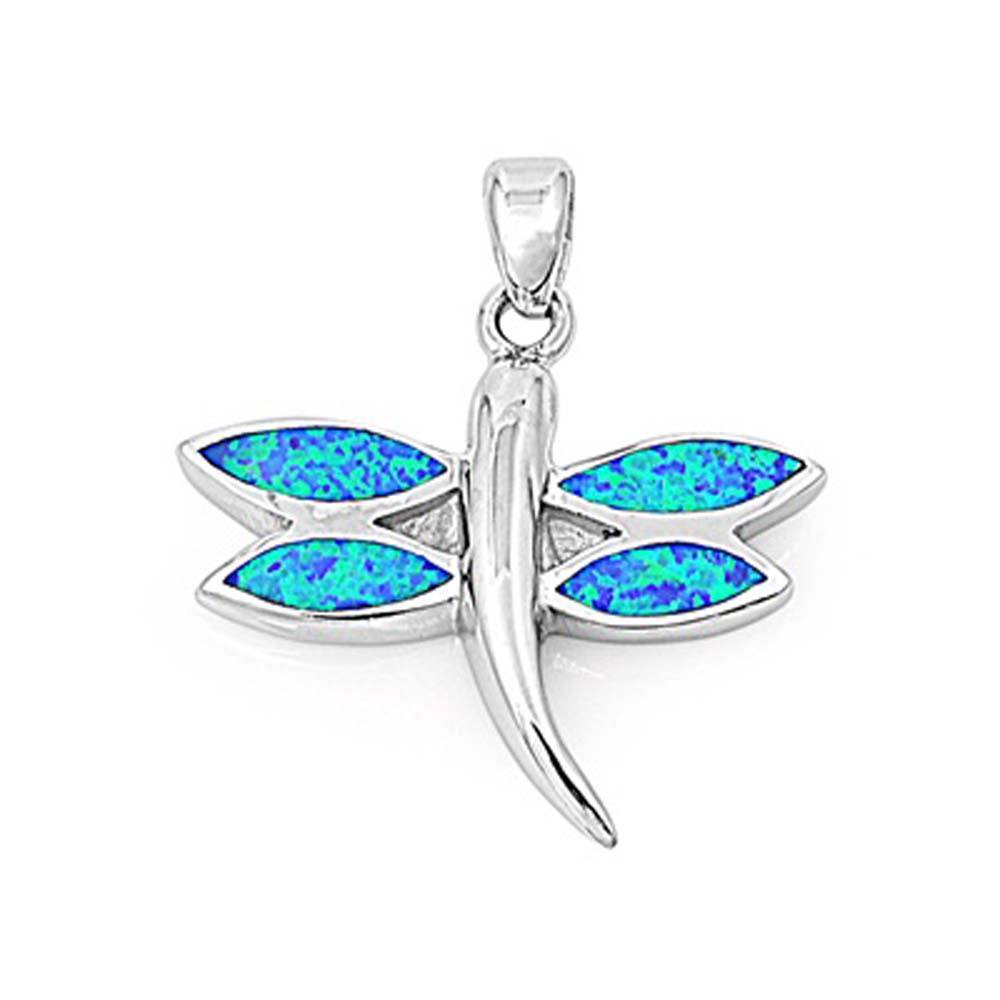 Sterling Silver Dragonfly Shape Blue Lab Opal PendantAnd Pendant Height 20mm